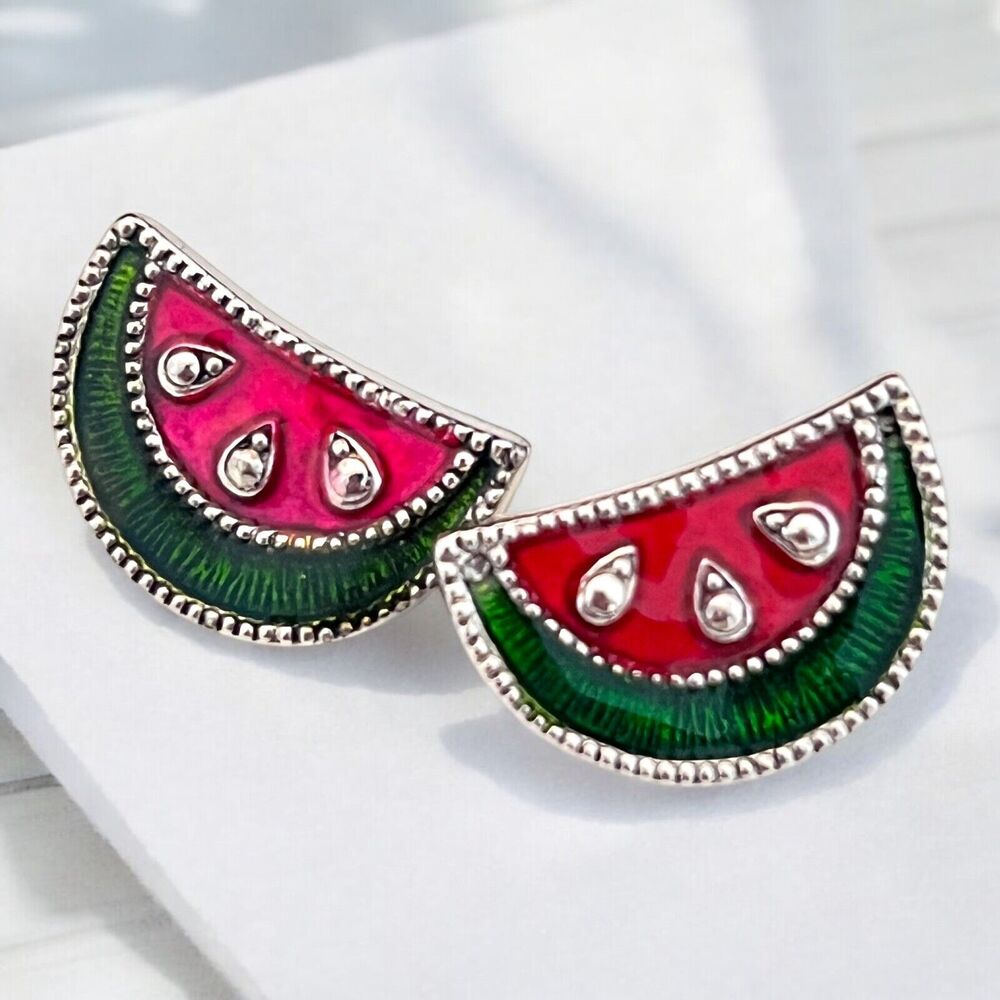 Vintage 1980s Avon Watermelon Earrings Enamel Figural Silver Tone Pierced - 9C